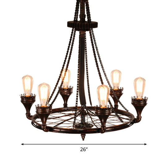Alniyat - Vintage Rust Wheel Chandelier Pendant Light Industrial Metallic 6-Bulb Restaurant