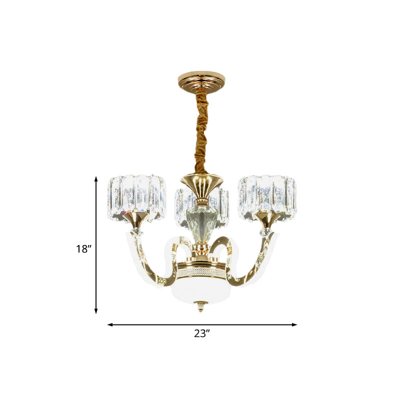 Modern Gold Drum Chandelier With Crystal Blocks - 3/5 Lights Led For Living Room