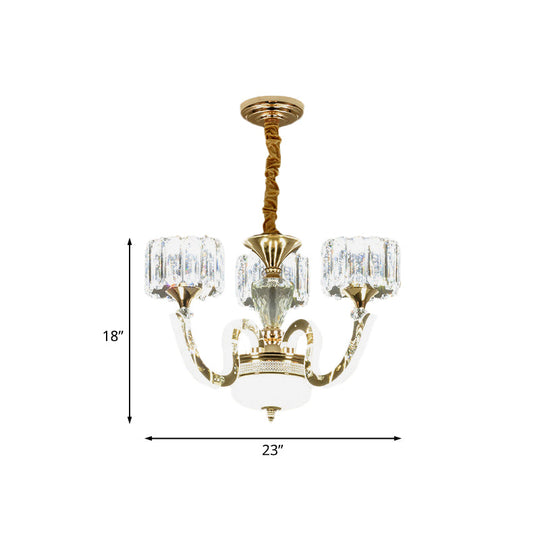 Modern Gold Drum Chandelier With Crystal Blocks - 3/5 Lights Led For Living Room