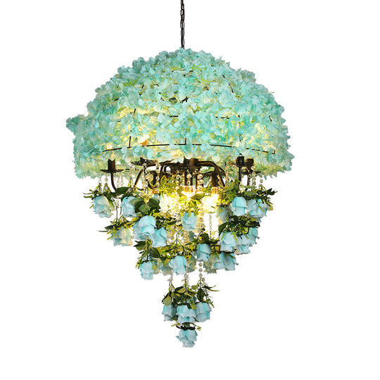 Iron Ceiling Chandelier - Industrial Blue Bowl Wire Cage Crystal Decor Floral Suspension Light 10