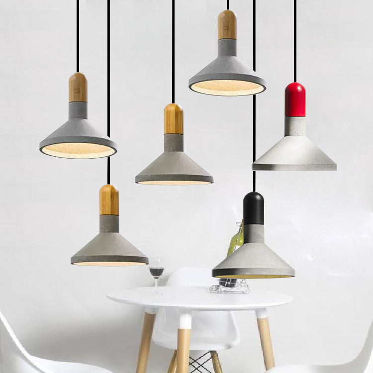1-Light Industrial Conic Shade Hanging Cement Pendant Lamp In Wood/Red/Black Finish - Ideal For