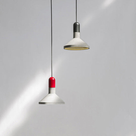 1-Light Industrial Conic Shade Hanging Cement Pendant Lamp In Wood/Red/Black Finish - Ideal For