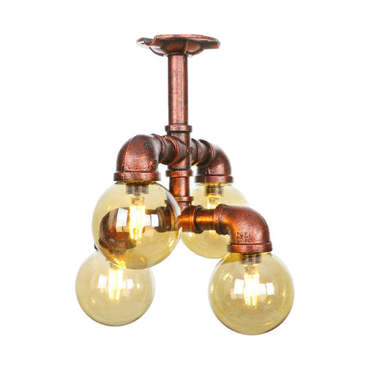Copper Semi-Mount Led Flush Lamp In Amber Glass - Farmhouse Global Design