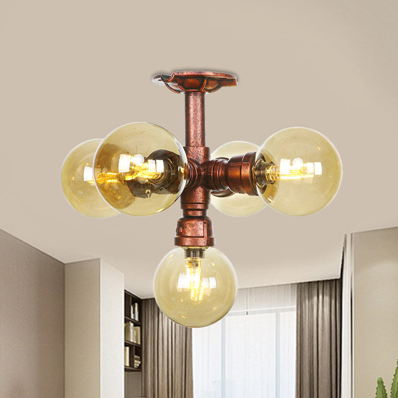 Copper Semi-Mount Led Flush Lamp In Amber Glass - Farmhouse Global Design