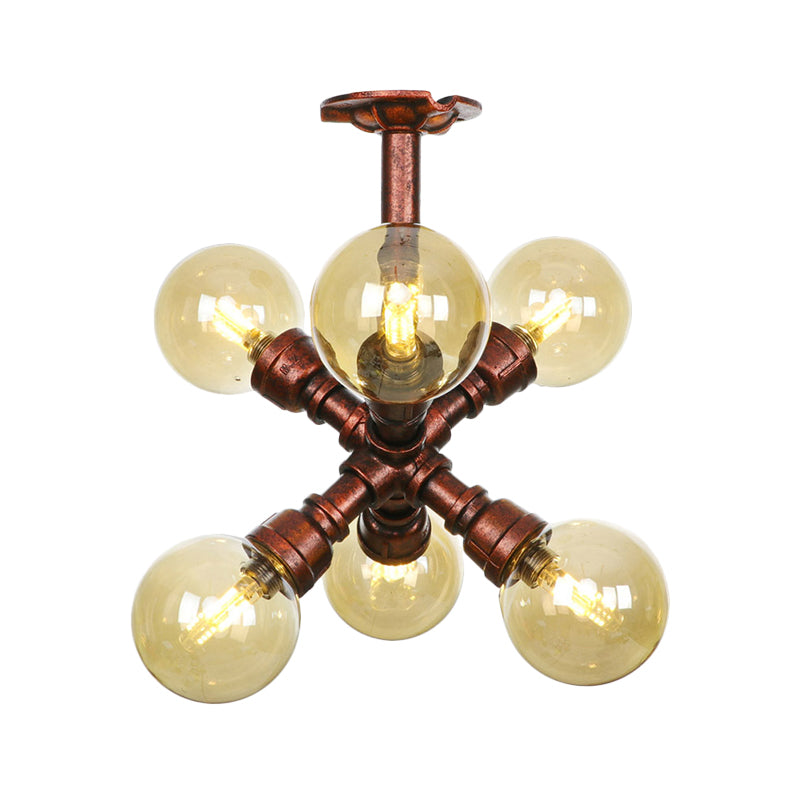 Copper Semi-Mount Led Flush Lamp In Amber Glass - Farmhouse Global Design