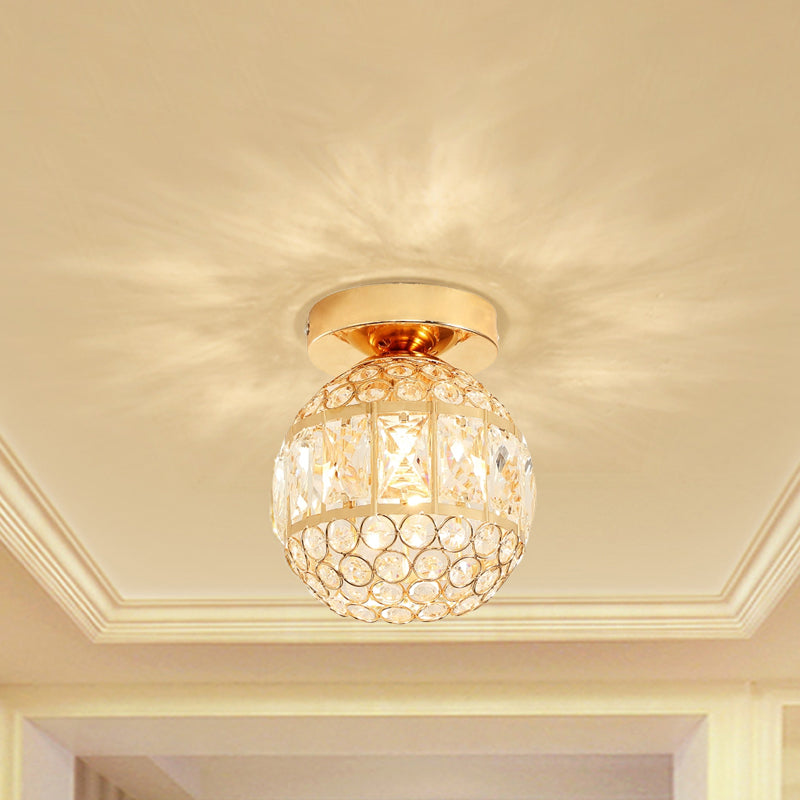 Minimalistic Led Flushmount Lighting: Cylinder/Globe Shaped Crystal Lamp Gold-Finished