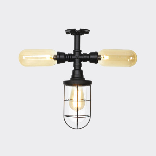 Sleek 3-Head Foyer Semi Flush Mount In Black With Clear Glass Ball/Capsule And Cage