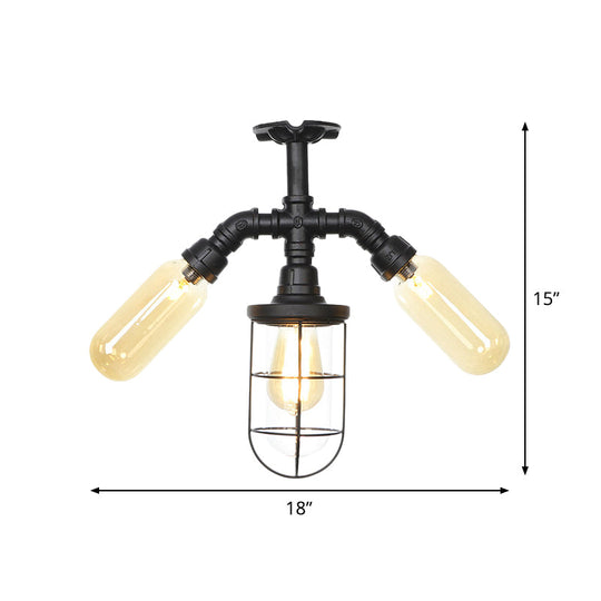 Sleek 3-Head Foyer Semi Flush Mount In Black With Clear Glass Ball/Capsule And Cage