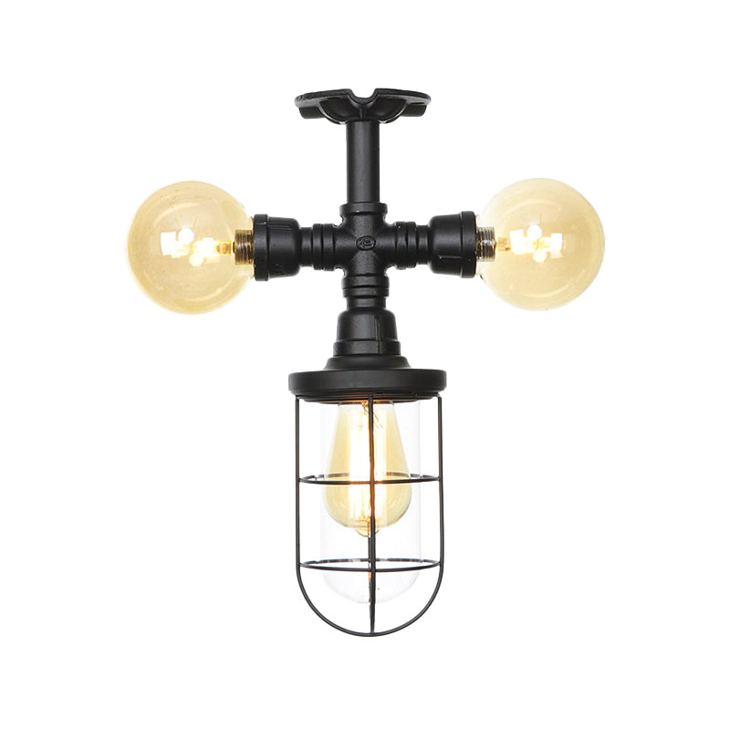 Sleek 3-Head Foyer Semi Flush Mount In Black With Clear Glass Ball/Capsule And Cage