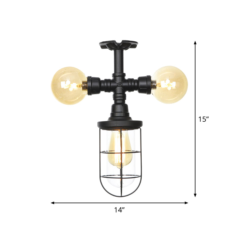 Sleek 3-Head Foyer Semi Flush Mount In Black With Clear Glass Ball/Capsule And Cage
