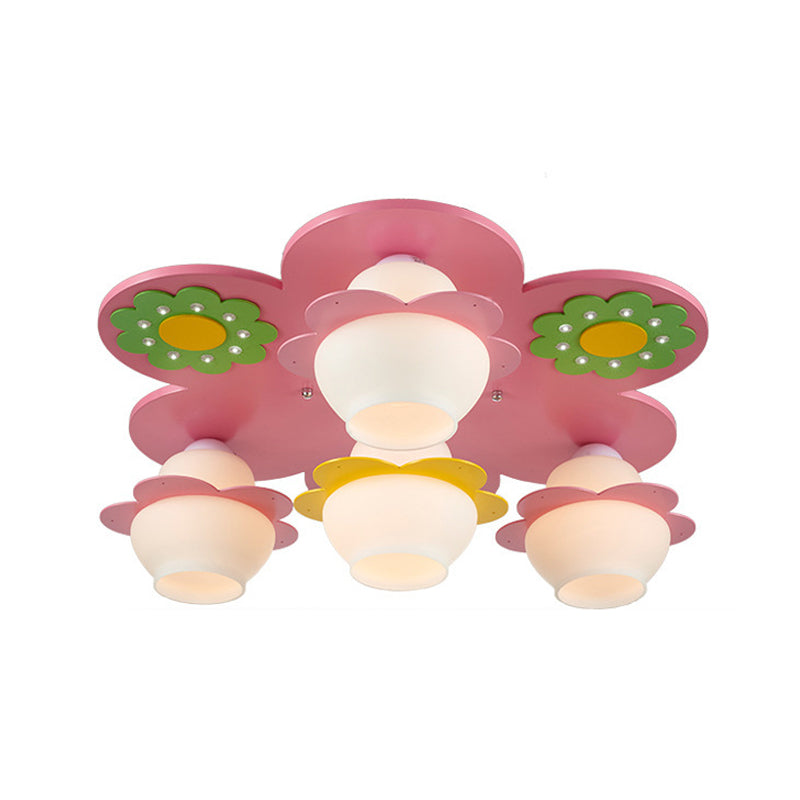Handcrafted Wood Blossom Kids Flushmount Light With Pink Glass Shade - 4 - Light Ceiling Fixture