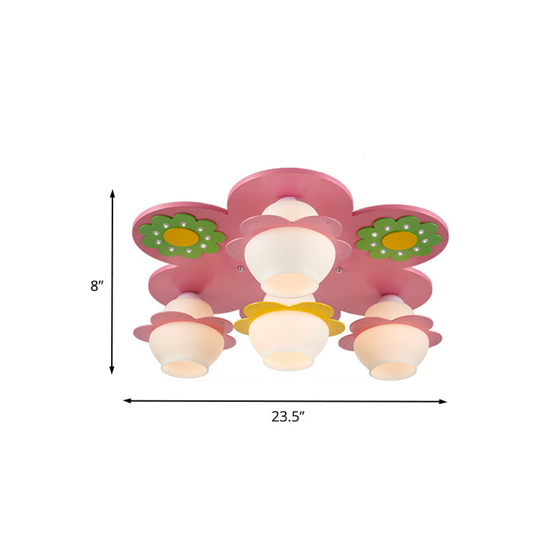 Handcrafted Wood Blossom Kids Flushmount Light With Pink Glass Shade - 4 - Light Ceiling Fixture