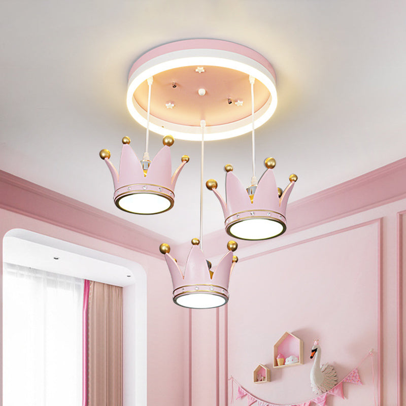 Kids 3-Light Pink Led Flush Ceiling Lamp With Acrylic Loop Shape And Crown Draping Shade