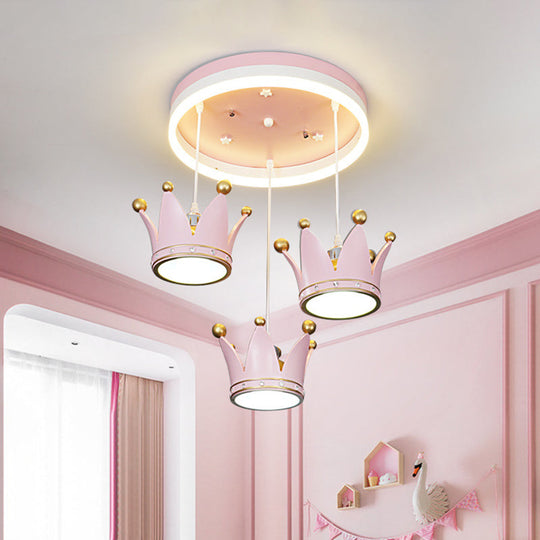 Kids 3-Light Pink Led Flush Ceiling Lamp With Acrylic Loop Shape And Crown Draping Shade