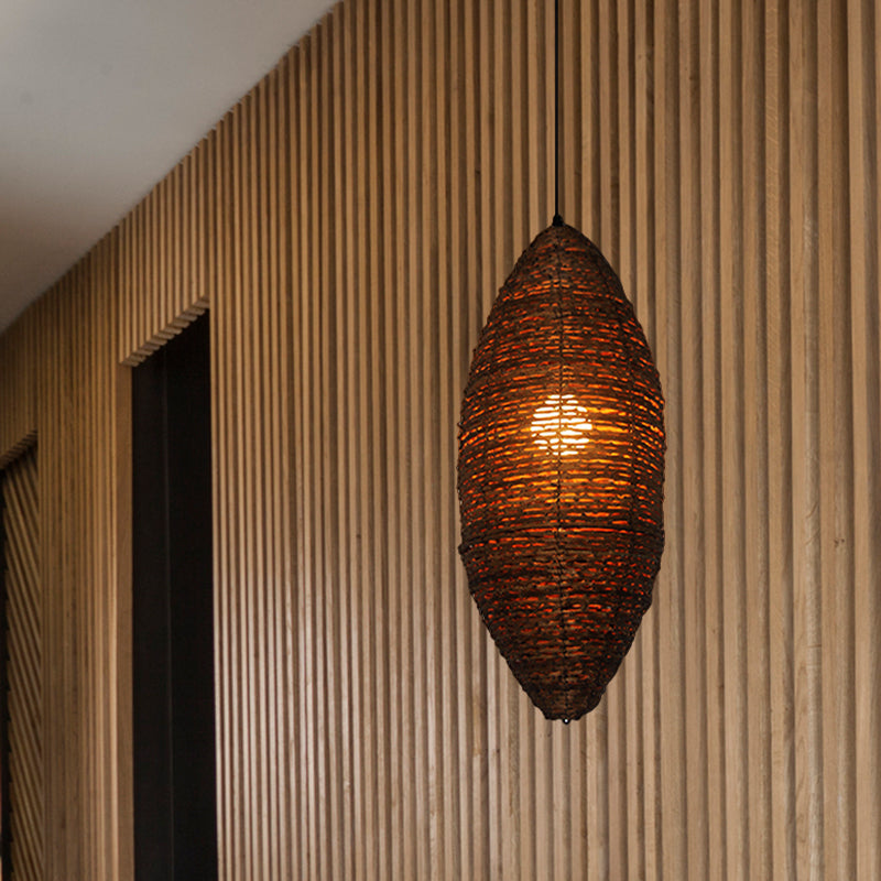 Modernist Cocoon Rattan Suspension Light - 1-Bulb Coffee Finish Pendant Lamp