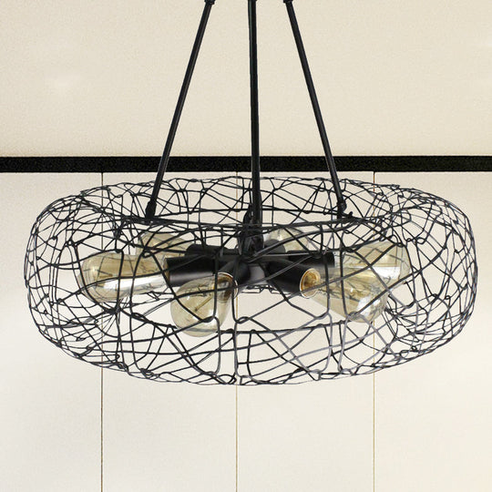 Industrial Black Metal Ceiling Chandelier With 6-Light Drum Fixture And Mesh Screen