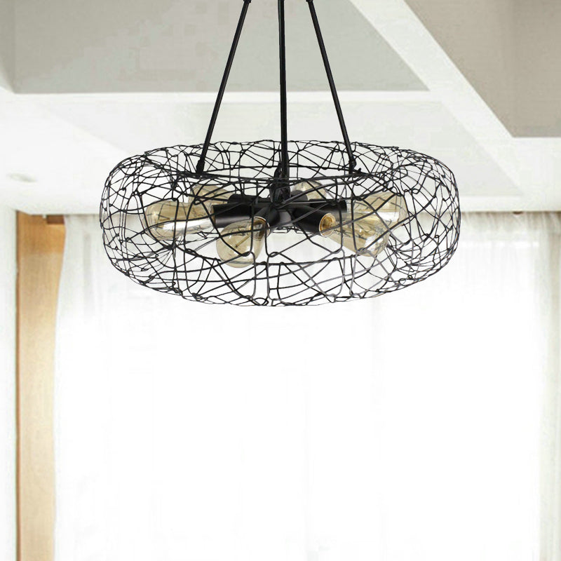 Industrial Black Metal Ceiling Chandelier With 6-Light Drum Fixture And Mesh Screen