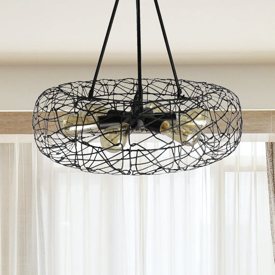 Industrial Black Metal Ceiling Chandelier With 6-Light Drum Fixture And Mesh Screen