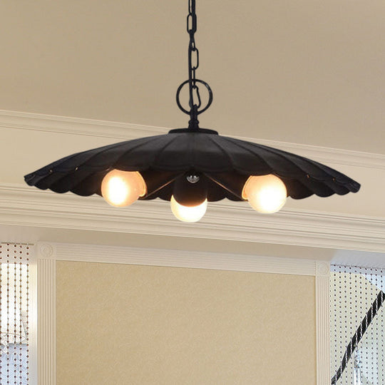 Rustic Industrial Scalloped Pendant Lighting - 3 Bulbs Black Iron Chandelier For Living Room