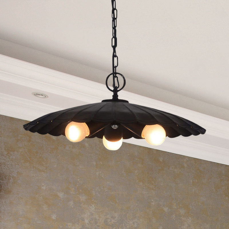 Rustic Industrial Scalloped Pendant Lighting - 3 Bulbs Black Iron Chandelier For Living Room