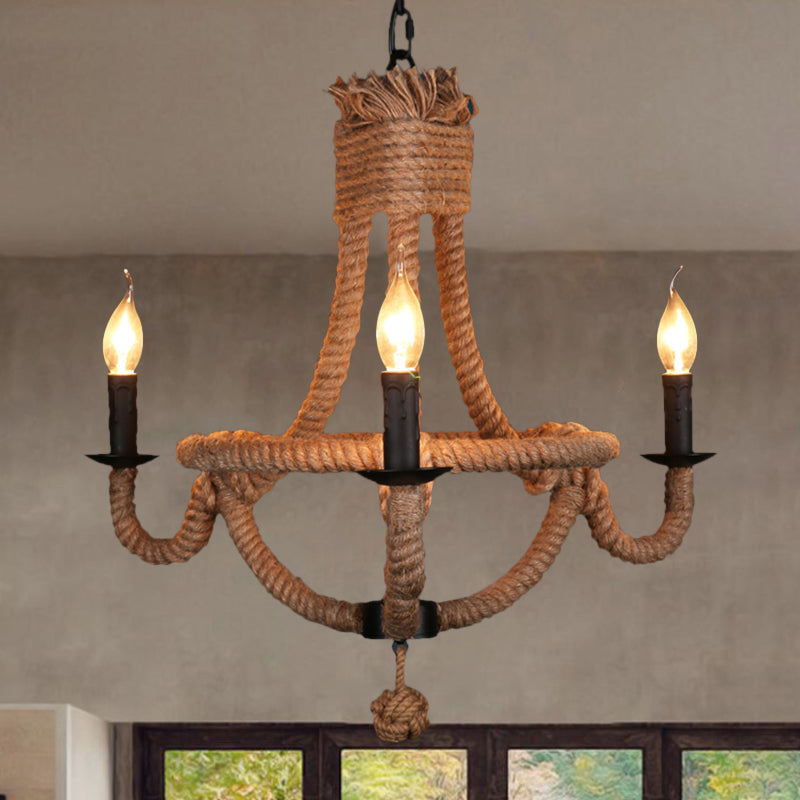 Country Style Black Metal Chandelier With 3 Candle Lights And Rope Detail