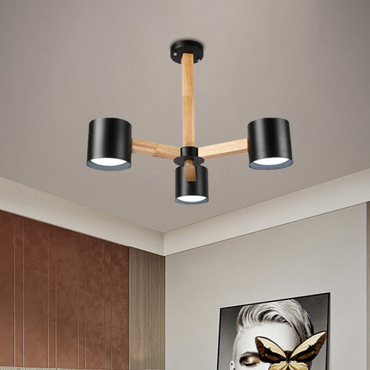 Wood & Iron Nordic Pendant Light With Drum Shade For Study Room In Black/White