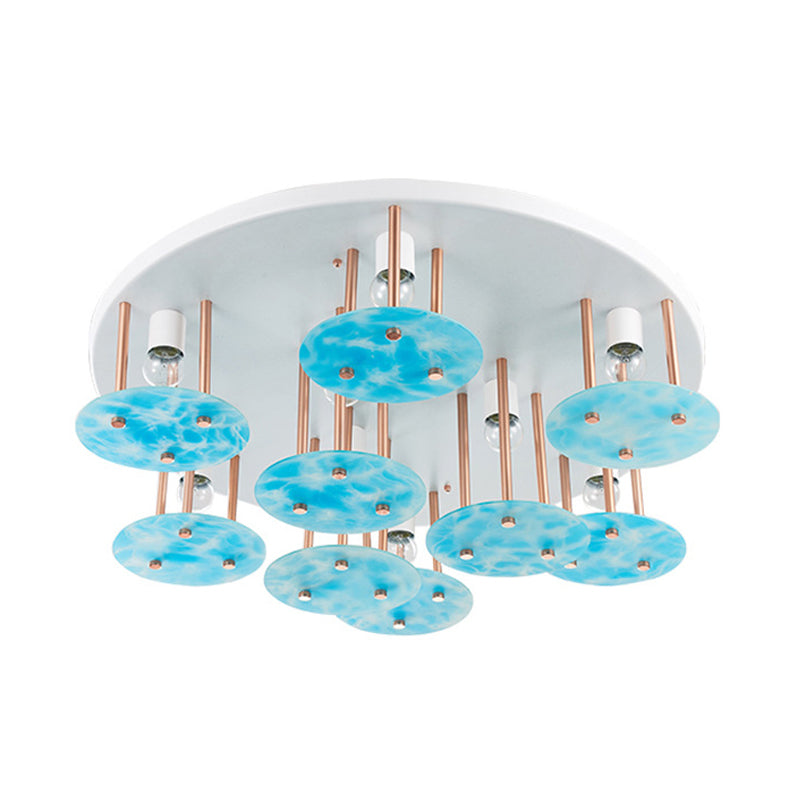 Blue Gradient Glass 9 - Head Semi Flush Kids Ceiling Mount Light With White And Gold Finish