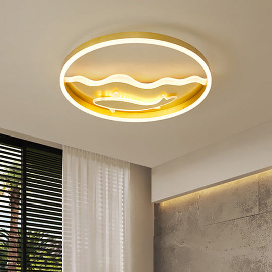 Kids Style Super Thin Led Flush - Mount Ceiling Light With Fish/Apple Pattern In Gold - Acrylic