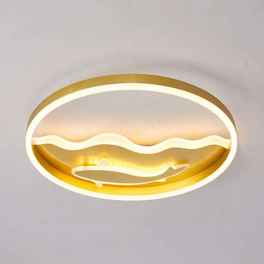 Kids Style Super Thin Led Flush - Mount Ceiling Light With Fish/Apple Pattern In Gold - Acrylic