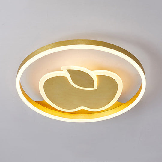 Kids Style Super Thin Led Flush - Mount Ceiling Light With Fish/Apple Pattern In Gold - Acrylic