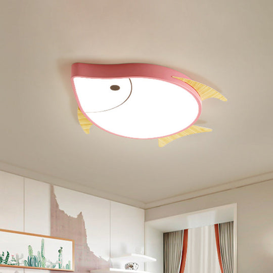 Kids’ Cartoon Fish Led Ceiling Lamp In White/Pink/Blue With Wood Accents