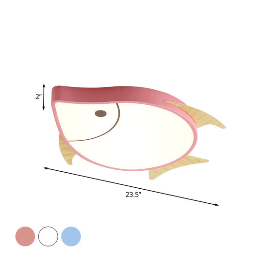 Kids’ Cartoon Fish Led Ceiling Lamp In White/Pink/Blue With Wood Accents
