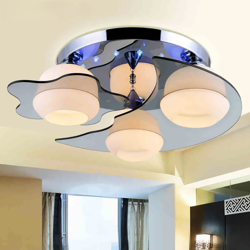 Modern Chrome Floral Flushmount Ceiling Light With Crystal Ball Drop - White Glass 3/5-Head Ideal