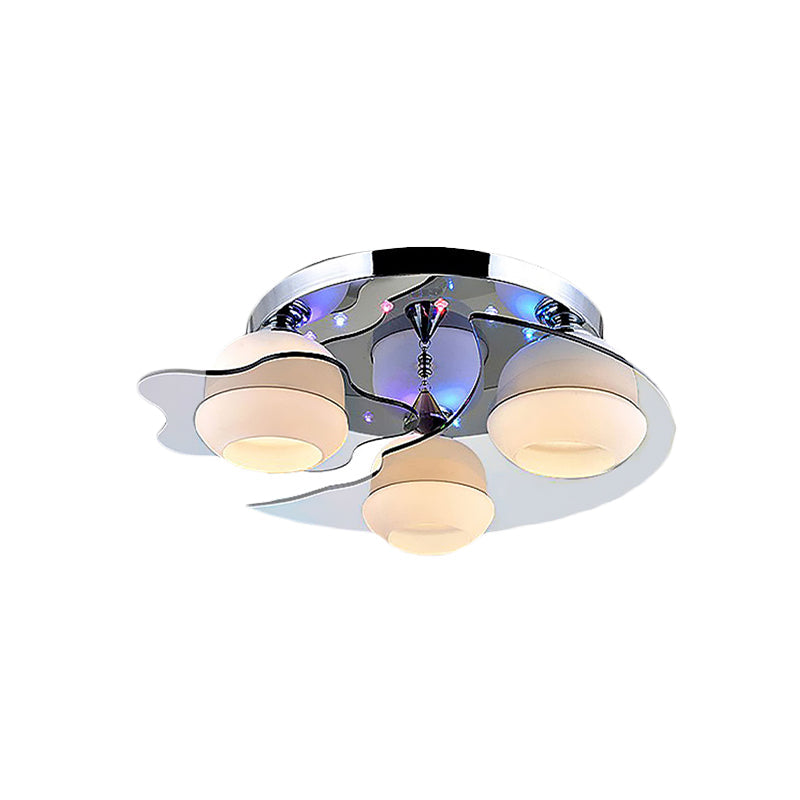Modern Chrome Floral Flushmount Ceiling Light With Crystal Ball Drop - White Glass 3/5-Head Ideal