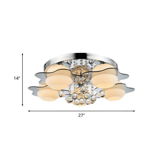 Modern Chrome Floral Flushmount Ceiling Light With Crystal Ball Drop - White Glass 3/5-Head Ideal