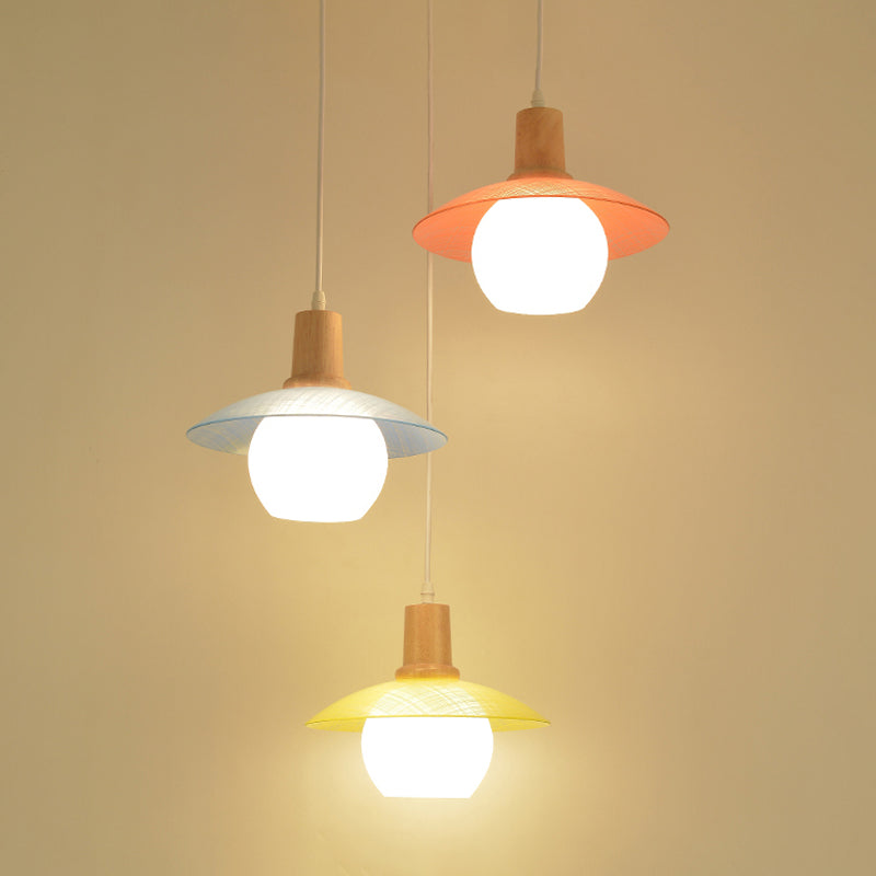 Macaron Disk Multi Pendant Light: Blue-Pink-Yellow Stained Glass 3-Bulb Drop Lamp With Wood Top