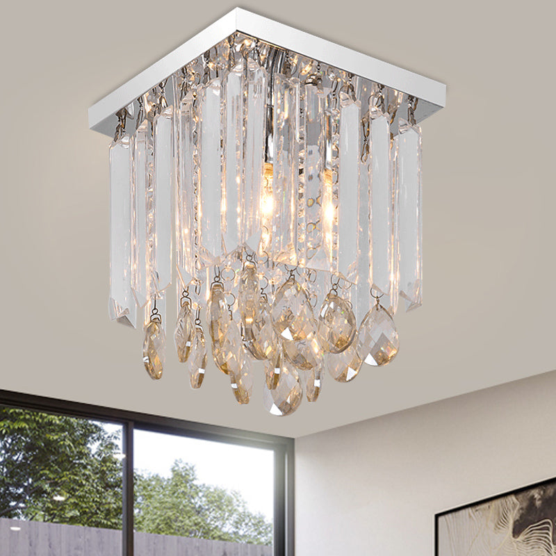Modern Chrome Crystal Drop Bedroom Ceiling Light - Square Mount 8/12 Wide / 8