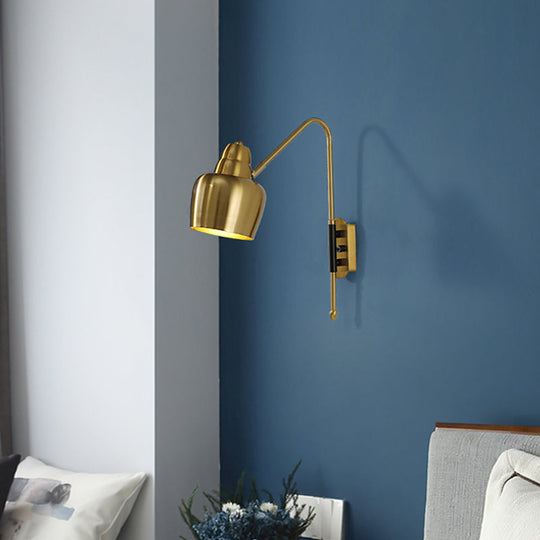 Vintage Iron Bowled Wall Lamp - 1-Light Bedroom Sconce In White/Gold With Curved Arm Gold