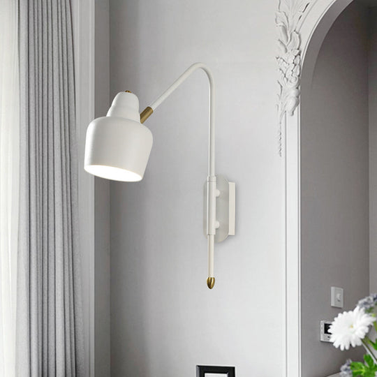 Vintage Iron Bowled Wall Lamp - 1-Light Bedroom Sconce In White/Gold With Curved Arm