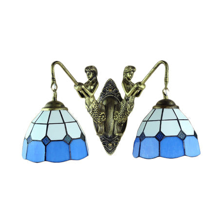 Multicolor Stained Glass Wall Sconce Light - Tiffany Dome/Cone Design With Brass Finish 2 Heads
