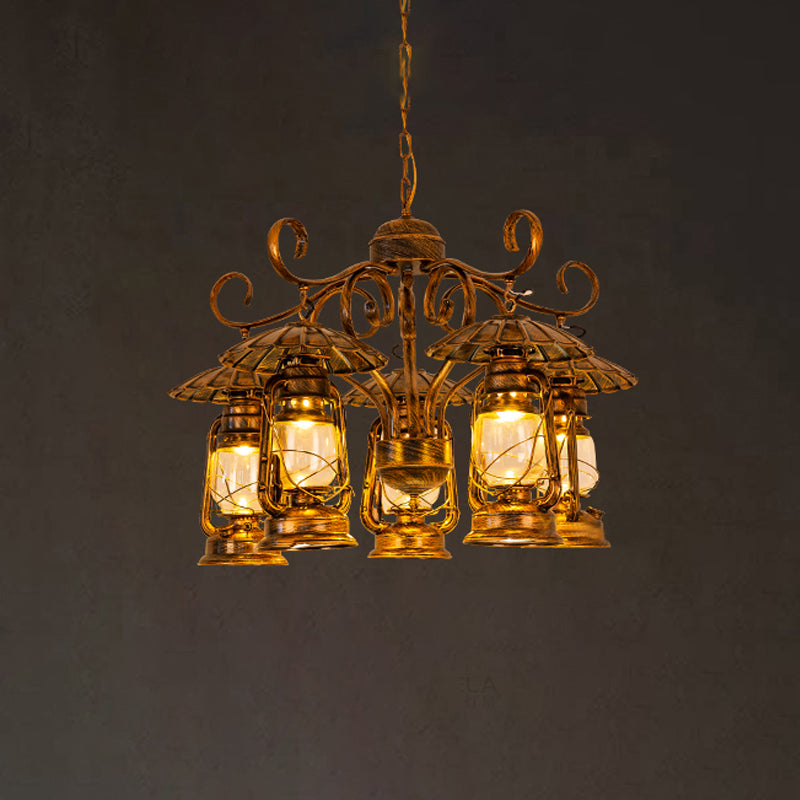 Village Style 5-Light Aged Brass Lantern Chandelier For Dining Room