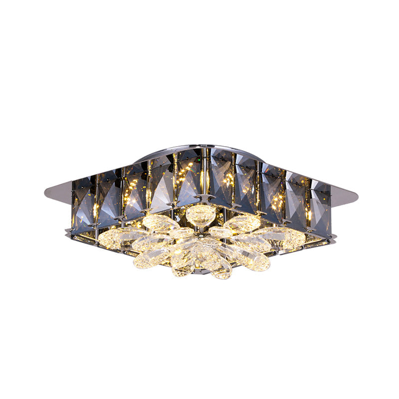 Mini Led Flush Light With Square & Flower Design Simple Amber Or Smoke Grey Crystal Ceiling Fixture