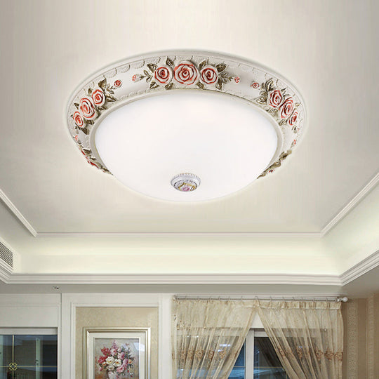 12/16 Wide Domed Ceiling Mounted Light With White Glass Flush Lamp And Rose Deco - Korea Countryside