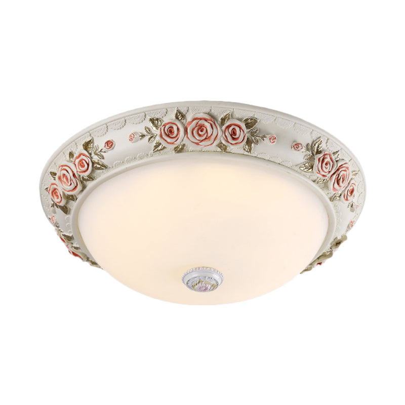 12/16 Wide Domed Ceiling Mounted Light With White Glass Flush Lamp And Rose Deco - Korea Countryside