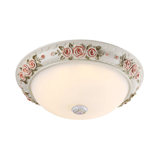 12/16 Wide Domed Ceiling Mounted Light With White Glass Flush Lamp And Rose Deco - Korea Countryside