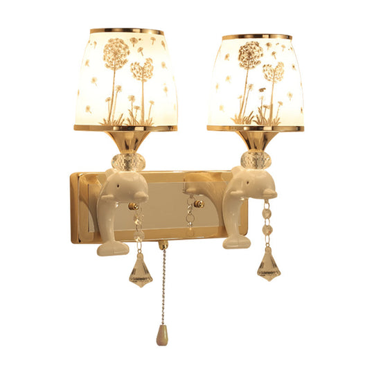 Dolphin Wall Mount Light Metal Sconce In White With Pull Chain - Kids Bedside Fixture 1/2 Lights