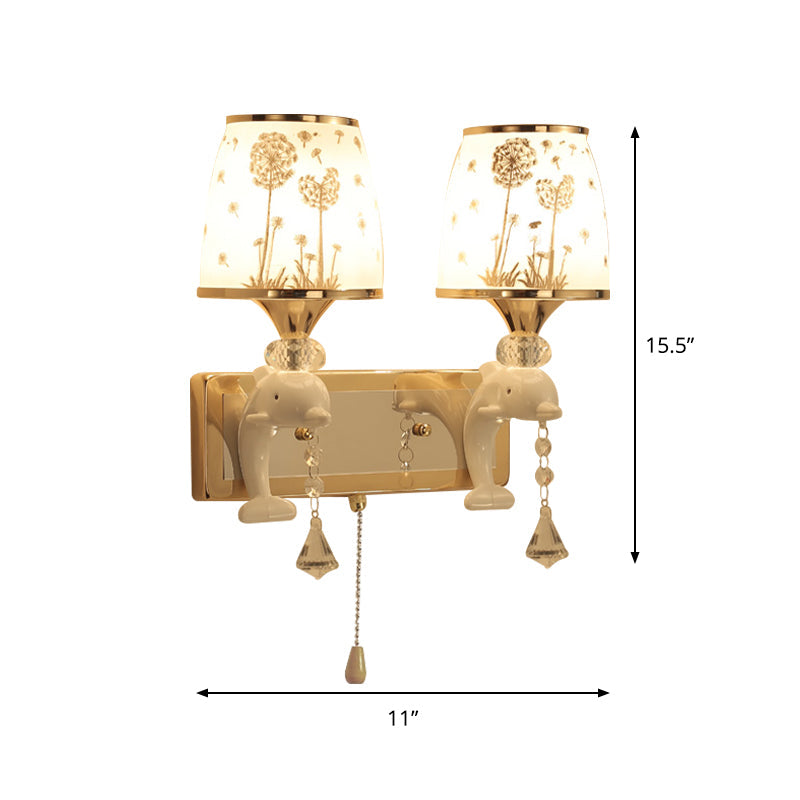 Dolphin Wall Mount Light Metal Sconce In White With Pull Chain - Kids Bedside Fixture 1/2 Lights