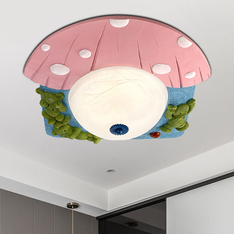 Cartoon Bear Ceiling Mounted Led Flush Light For Kids’ Rooms - Red/Blue With White Glass Shade