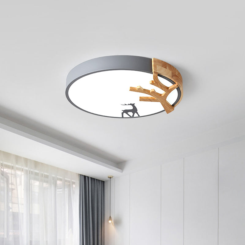 Contemporary Led Acrylic Drum Flush Mount Lighting - Green/White/Gray Ceiling Light With Deer