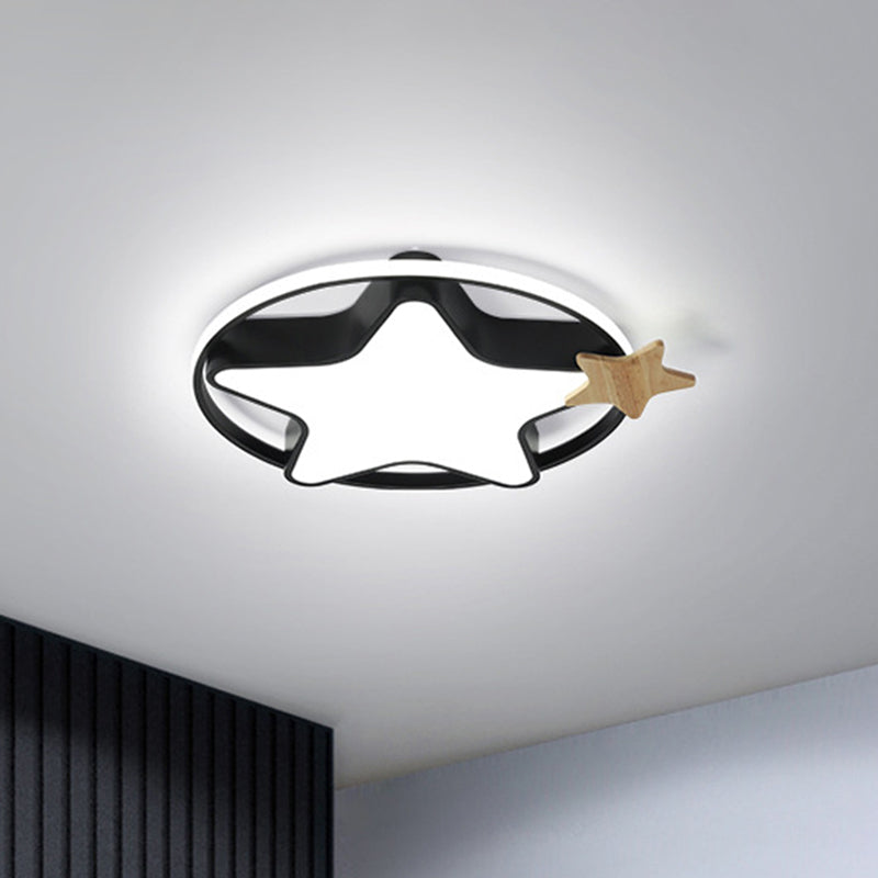 Minimalist Pentagram Led Flushmount Ceiling Lamp For Kids Bedroom In Black/Grey And Wood Black